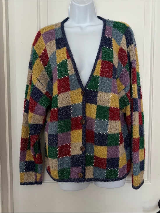 Mandal Bay Sweaters - Vintage Mandal Bay colorful patchwork check cardigan sweater large
